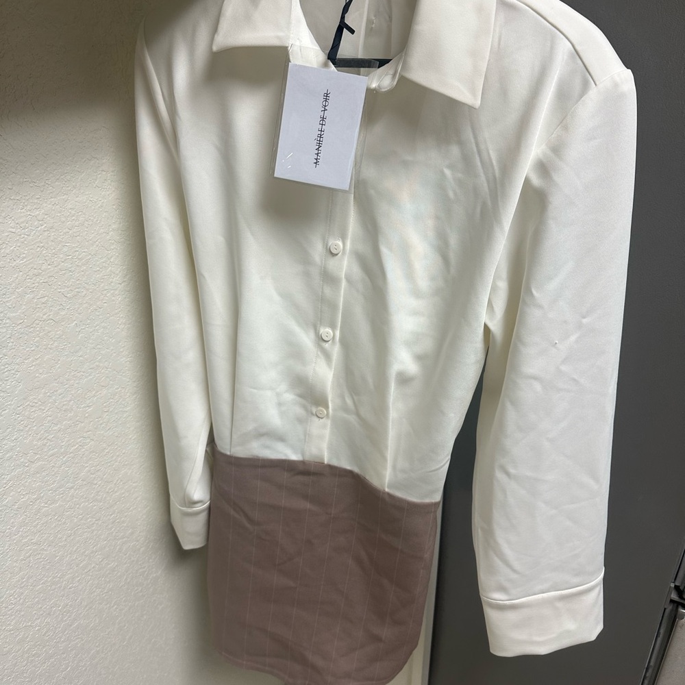Maniere de Voir White and Brown Button-Up Dress NWT